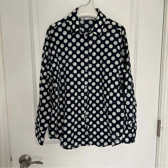 ZARA Blue White Linen Polka  Dot Button Down Long Sleeve Shirt size XS - Picture 5 of 8